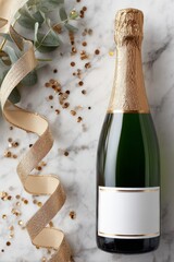 A luxurious champagne bottle with golden foil, festive ribbon, eucalyptus leaves, and sparkling confetti on marble, styled for New Year’s or Christmas celebrations