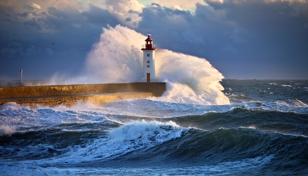 landscape with huge waves breaking against a lighthouse in the ocean