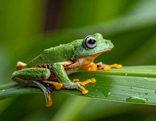 Fototapeta premium Close-up of a vibrant, colorful frog on a leaf