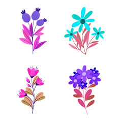 Set of four colorful botanical illustrations featuring delicate floral arrangements and vibrant plant motifs