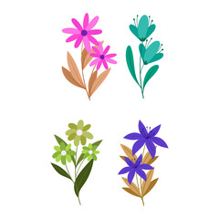 A collection of four stylized floral bouquets in vibrant pink, green, and turquoise colors, set against a white background