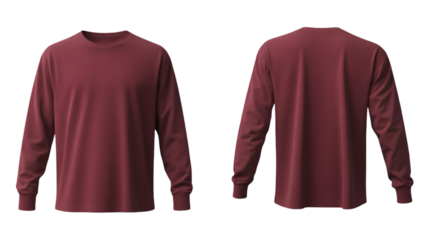Plain Maroon Long Sleeve T-shirt Front and Back Mockup with Rubbed Cuff on transparent background