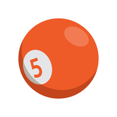 Close-up of a red billiard ball with the number 5 visible on a white circle, isolated on a white background