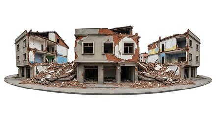 Destroyed buildings with rubble and debris on a circular platform demolition cutout PNG isolated on a transparent background