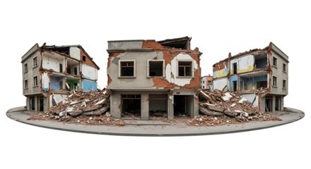 Destroyed buildings with rubble and debris on a circular platform demolition cutout PNG isolated on a transparent background