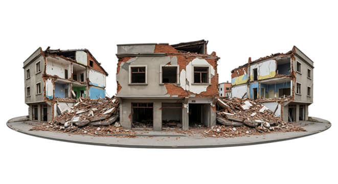 Destroyed buildings with rubble and debris on a circular platform demolition cutout PNG isolated on a transparent background