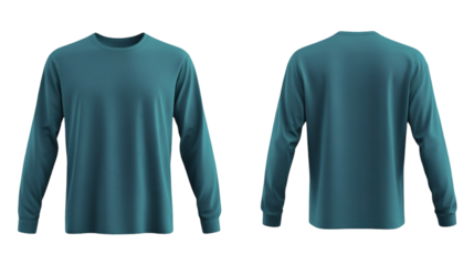Plain Teal Long Sleeve T-shirt Front and Back Mockup with Rubbed Cuff on transparent background