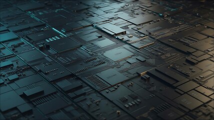 Abstract Dark Futuristic Circuit Board Pattern with Glowing Blue and Yellow Lights background technology