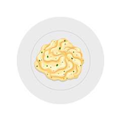 Top view of creamy mashed potatoes with herbs on a white plate - delicious and healthy food illustration