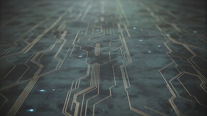 Abstract Futuristic Circuit Board Pattern With Blue Lights And Gold Traces technology computer