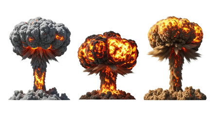 Three Nuclear Explosion Mushroom Clouds graphic cutout PNG isolated on a transparent background