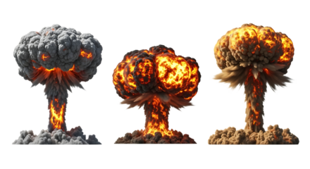 Three Nuclear Explosion Mushroom Clouds graphic cutout PNG isolated on a transparent background