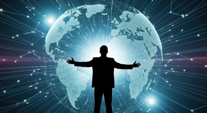 Silhouette of a person with arms outstretched in front of a digital globe and network connections