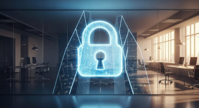A glowing digital padlock displayed on a glass wall in a modern office space with desks and chairs