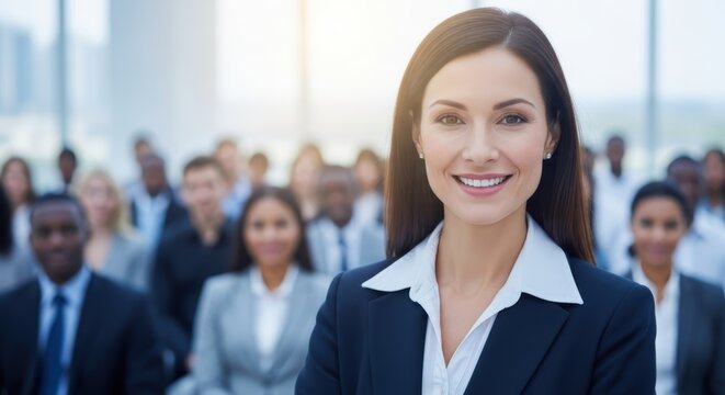 Businesswoman smiling in front of a diverse group of people at a conference or corporate event setting - Powered by Adobe