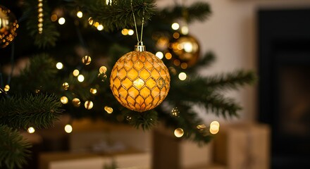 Christmas tree ornament with festive lights and holiday decorations background
