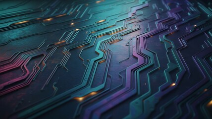 Abstract Futuristic Digital Circuit Board with Glowing Lines and Teal and Purple Hues technology