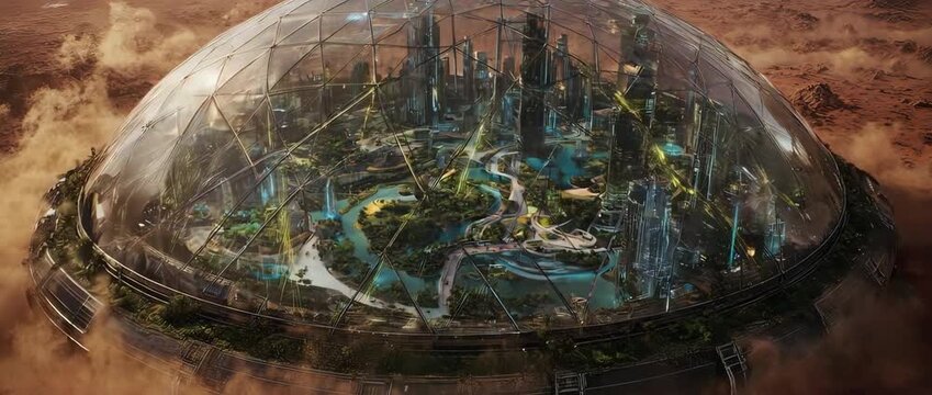 Futuristic Utopian City in a Biodome on a Desert Planet. This animation symbolizes colonization, survival, advanced technology, and creating a utopia in a harsh environment.