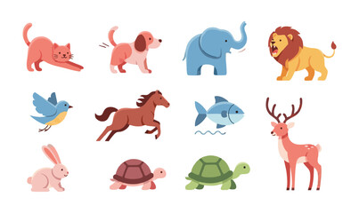 A collection of various cartoon animals including a cat, dog, elephant, lion, bird, horse, fish, deer, rabbit, and turtles, isolated on a white background.