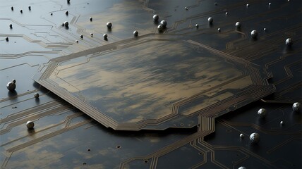Abstract Hexagonal Circuit Board with Metallic Spheres and Golden Patina technology digital