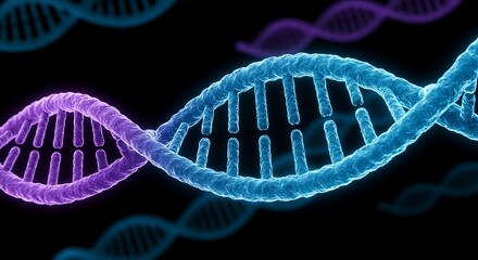 Dna strands illustration in blue and purple against a dark background