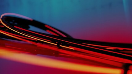Abstract Red and Yellow Neon Lines on Blue Gradient Background with Reflections light glowing