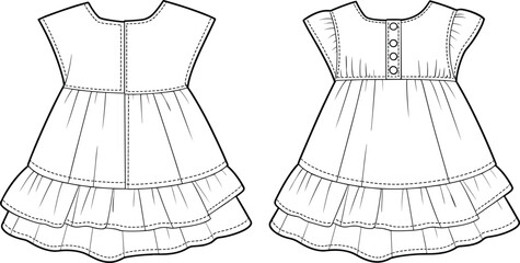 Girls short sleeve ruffle dress with layered hem, buttoned placket, gathered waistline, back and front view, cad flat sketch vector