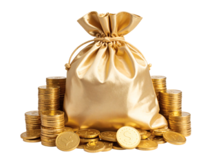 Abundant golden coins spill from a luxurious satin money bag, symbolizing wealth and prosperity for your financial success stories.