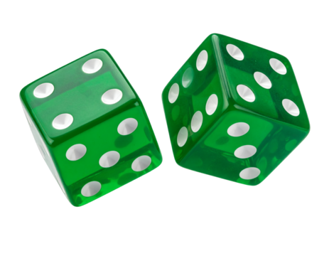 Two vibrant green translucent dice poised for a game, symbolizing luck, chance, and strategic decisions in gambling and business