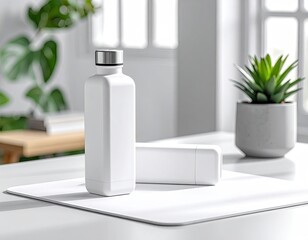 White bottle, matching case sit on a desk near a window