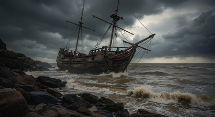 Obraz premium Dramatic image of a weathered sailing ship stranded on a rocky coastline