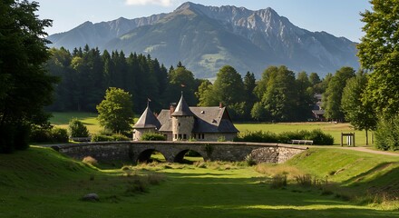 Scenic view of a castle with bridge and mountain in a natural landscape