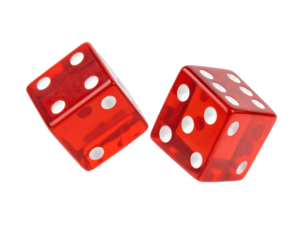 Two translucent red dice tumbling mid-air, representing chance, luck, and game outcomes with dynamic motion.