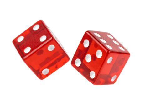 Two translucent red dice tumbling mid-air, representing chance, luck, and game outcomes with dynamic motion.