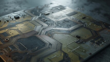 Aged and Worn Circuit Board with Metallic Traces and Textured Surface technology electronic