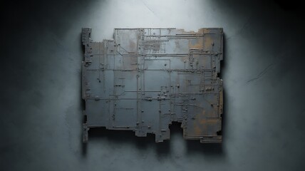 Aged, weathered metallic panel with intricate etched lines and rust patches on a textured grey background
