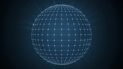 Blue Digital Grid Sphere with Light Rays on Dark Background globe network
