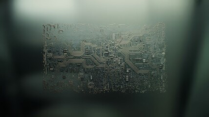 Blurred background with a focus on a heavily textured and weathered electronic circuit board technology