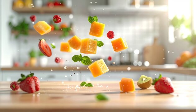 Fruits floating over counter in sunny kitchen - Powered by Adobe