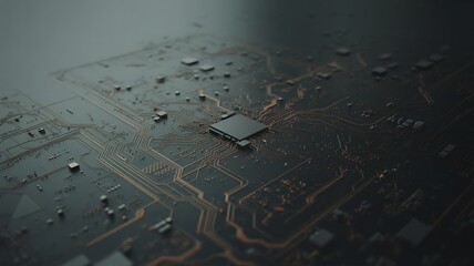 Central Processor Chip on a Dark Electronic Circuit Board with Golden Traces computer chip central processing unit
