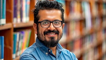 The Knowledge Seeker: A portrait of a scholarly individual with glasses, exuding wisdom and intellectual curiosity, captured against the backdrop of a rich library.