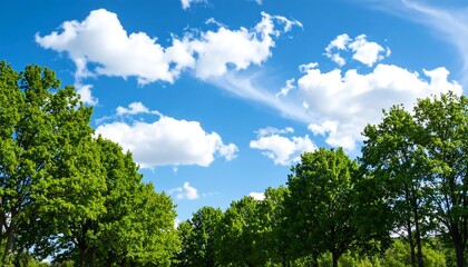 Fototapeta premium Lush green trees under a vibrant blue sky filled with fluffy white clouds