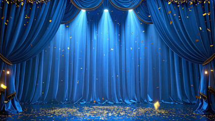 Gritty luxurious Deep blue velvet presentation stage curtain with falling confetti under spotlight symbolizing celebration, victory, and transformation