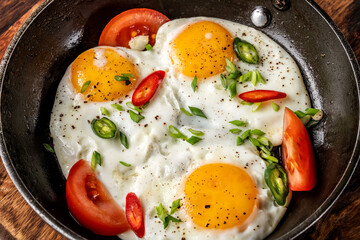 Sunny side up eggs with tomatoes and chili