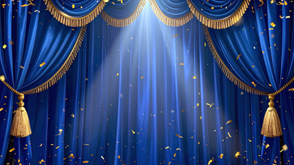 Gritty luxurious Deep blue velvet presentation stage curtain with falling confetti under spotlight symbolizing celebration, victory, and transformation