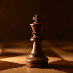 a wooden chess piece (bishop), walnut, dark brown, hand‑carved, sitting on a chessboard, top‑down view, warm lamp light, 4 k, subtle grain