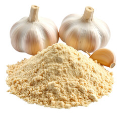 Fresh garlic bulbs and a generous pile of ground garlic powder, featuring a close-up view isolated on a transparent background.