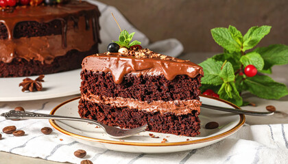 Chocolate cake slice with creamy frosting and nuts on white plate with fork, decorated with mint leaves and berries, surrounded by coffee beans and fresh herbs, delicious dessert