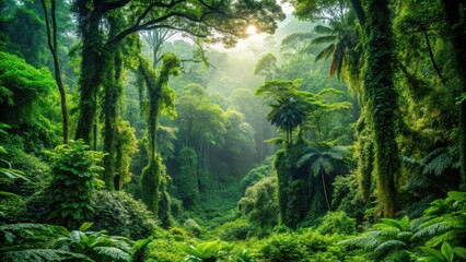 Fototapeta premium Dense foliage of Lush forest with vibrant greenery and diverse wildlife amidst tall trees and winding vines , vines, plants