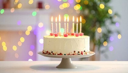 Birthday cake with lit candles on white stand, colorful sprinkles and festive bokeh lights in background creating joyful celebration atmosphere